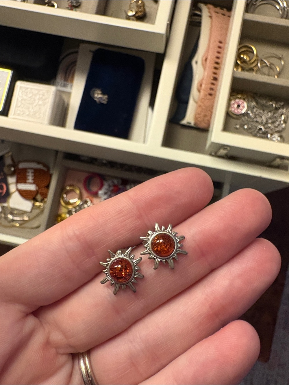 Sunburst Amber Crystal Stud Earrings - Silver